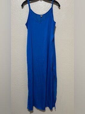 Aerie Sz XL Royal Blue Maxi Satin Slip Dress Raw Hem Leg Slits Resort Vacay